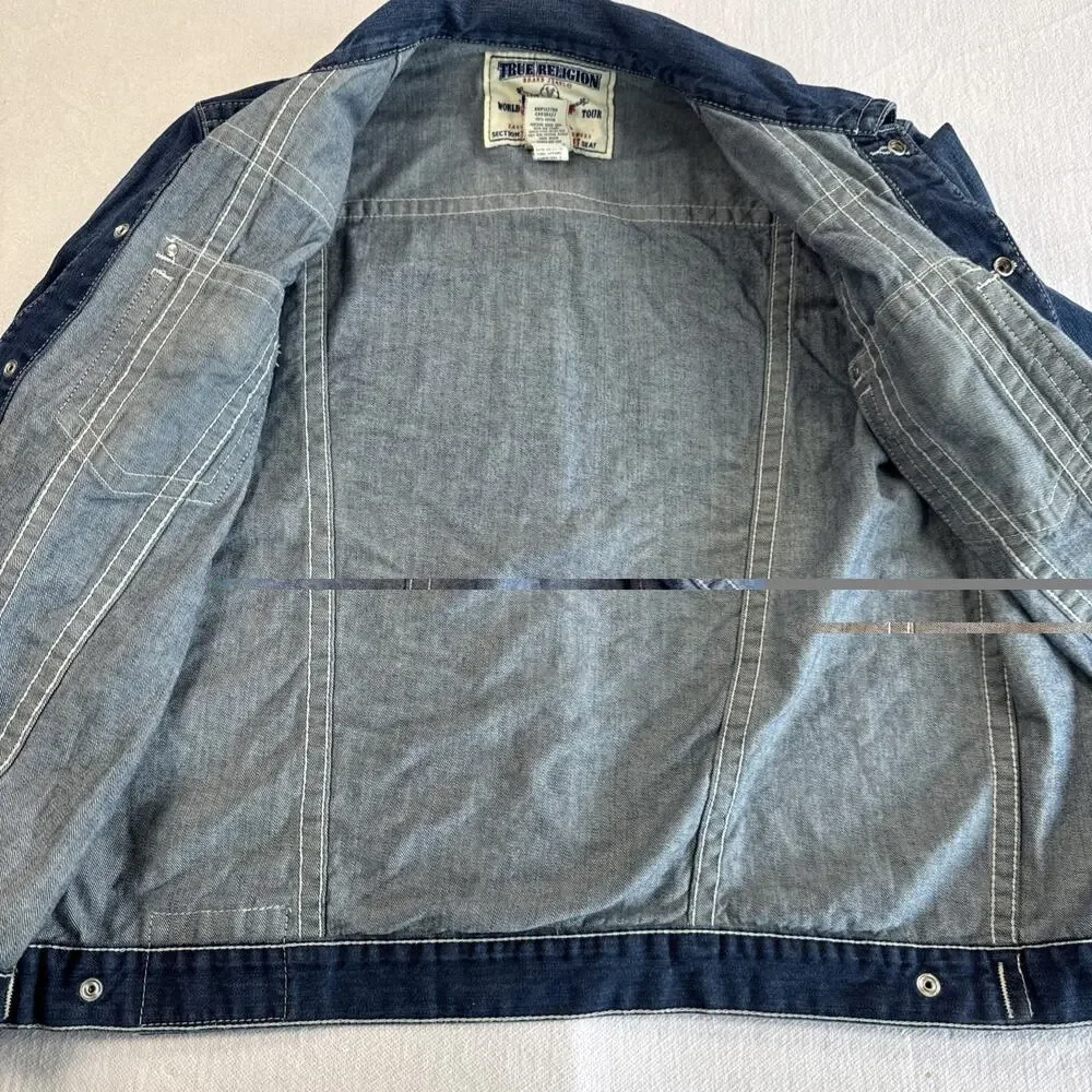 TRUE RELIGION snap button denim jean Trucker Jacket 3XL tag vtg Style y2k